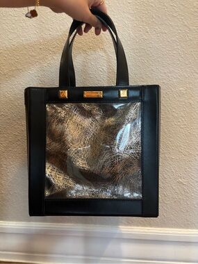 Black Tote with Metallic Silver Front Panel - Women's Tote